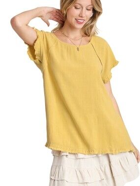 Umgee Golden Yellow Linen Blend Pintuck High-Low Fringed Top